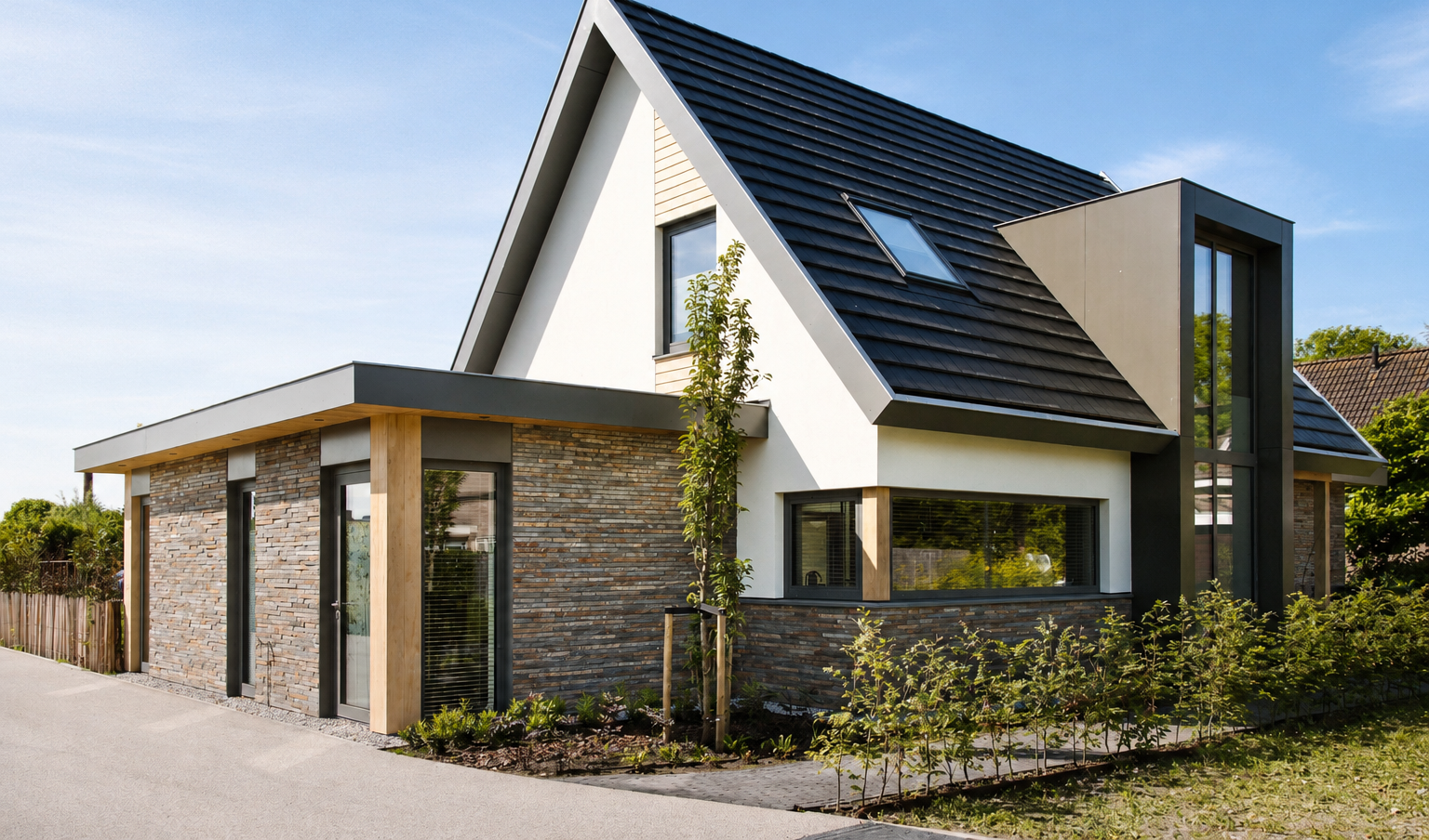 Natuursteen, natuursteenstrips, steenstrips, moderne villa, gevelbekleding, natuursteenstrips buiten, NG Bouwen met Natuursteen